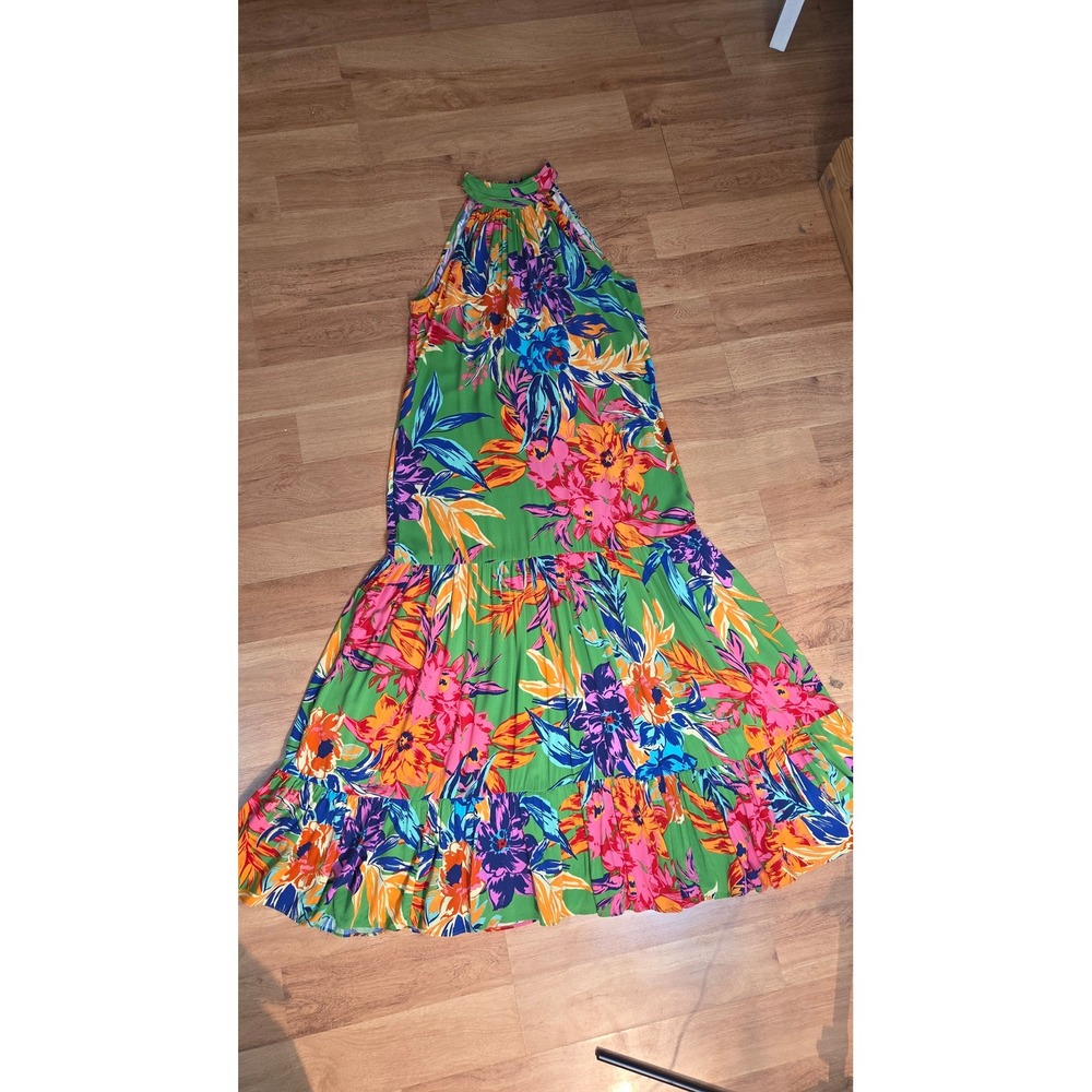 MSK Tropical Floral Halter Maxi Dress Green Pink Blue Tiered Ruffle Hem Large